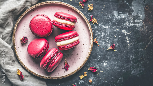 Elegant pink macarons with beet and lemon cream on rustic plate for dessert inspiration photo