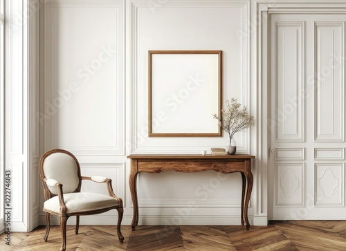 Design an interior of a modern room with a brown wooden console table, an armchair, and a beautiful plant in the corner on a parquet floor near a white wall with a poster frame mockup and elegant pers photo