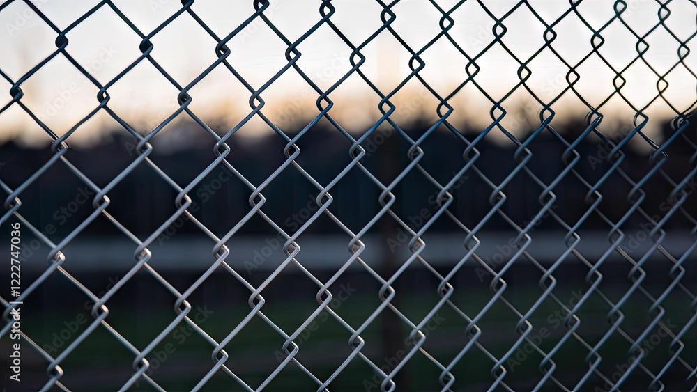 Naklejka premium Close-up of a chain link fence in silver, positioned centrally, with a blurred sunset backdrop in soft orange and blue hues, symbolizing restraint.
