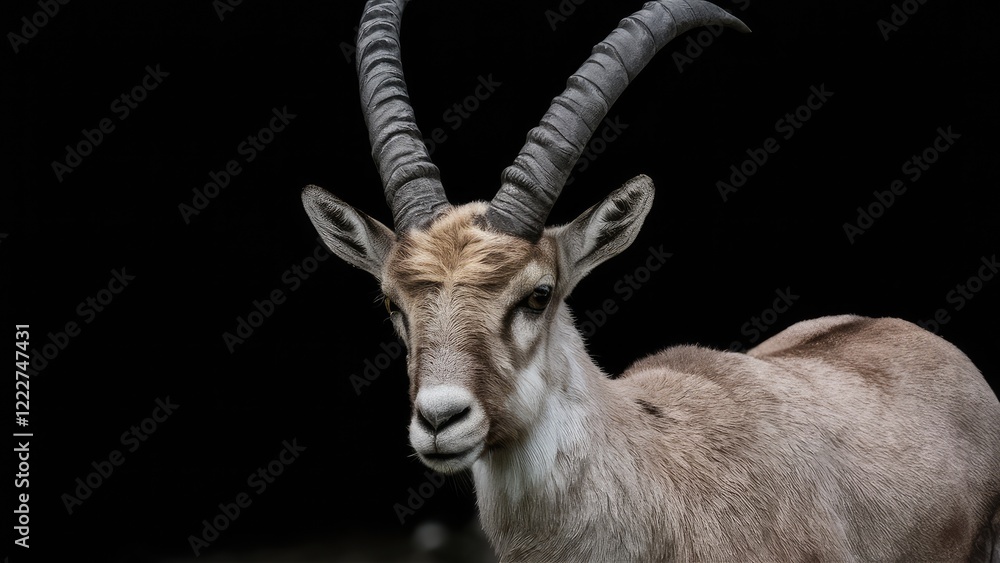 Alpine Ibex with prominent curved horns and light beige fur, softly illuminated against a dark background, highlighting facial features and expressions. Alpine Ibex with prominent curved horns and light beige fur, softly illuminated against a dark background, highlighting facial features and expressions.