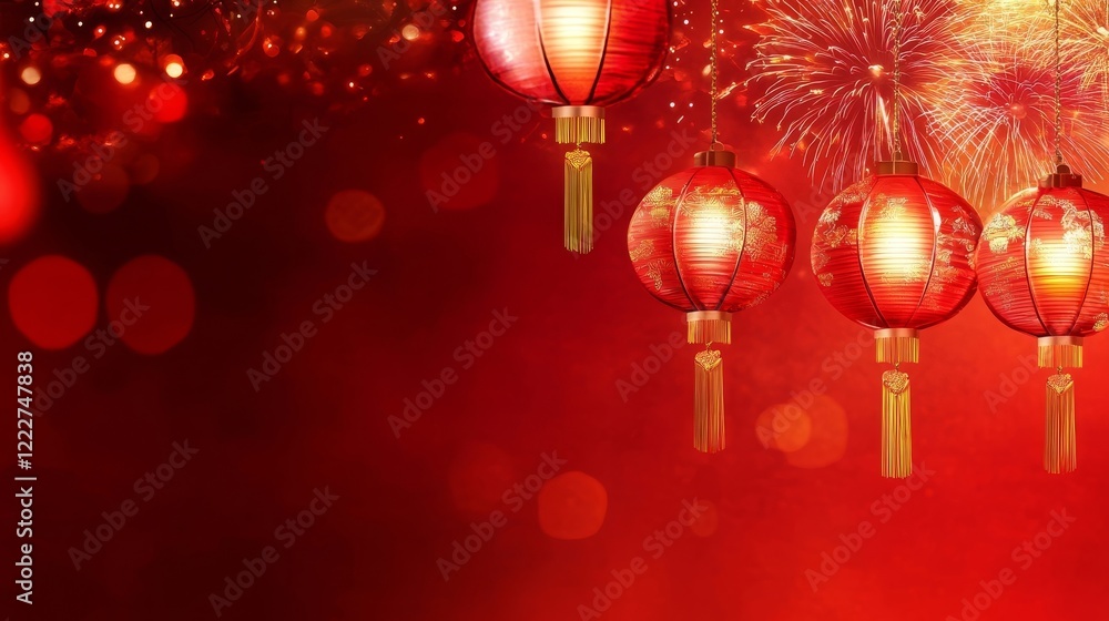 Vibrant red lanterns illuminate the night during a festive celebration with fireworks in the background Vibrant red lanterns illuminate the night during a festive celebration with fireworks in the background