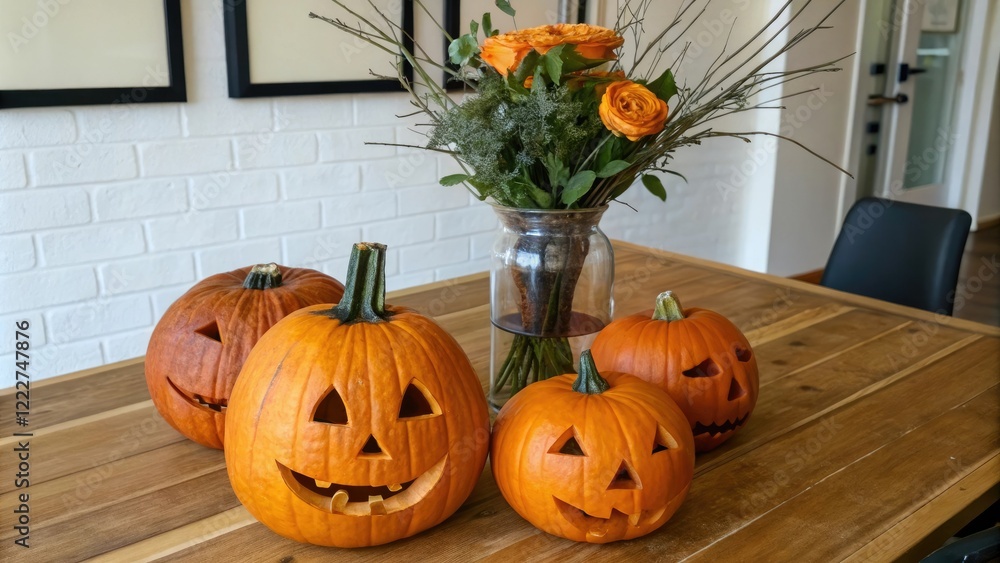 Obraz premium Group of jack O lanterns in a vase on a wooden table, tablescape, centerpiece