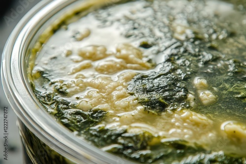 Open container of spoiled soup with visible green mold and slimy surface, close-up focus on texture and detail, showcasing the gross and unappetizing appearance.