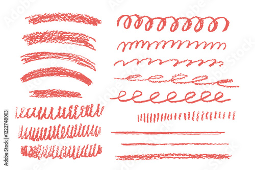 Crayon underline set. Red pencil scribble lines. Vector hand drawn brush stroke collection illustration isolated on white background. Kids highlights handwritten shape elements. Chalk emphasis figure.