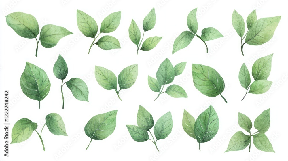 A collection of various green leaves illustrated in a natural style. A collection of various green leaves illustrated in a natural style.