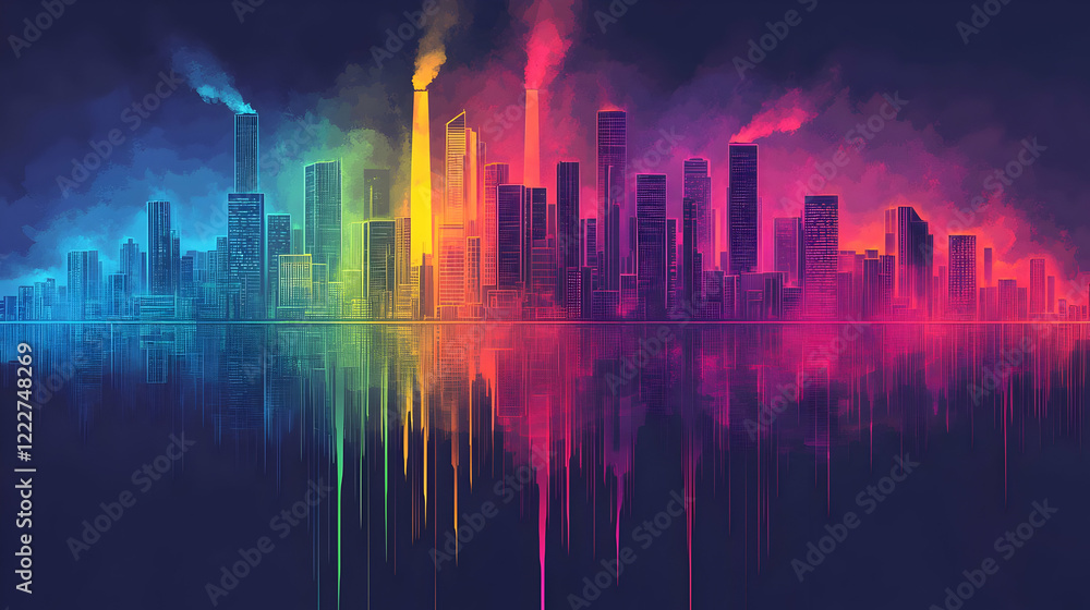 Fototapeta premium Neon Cityscape, Pollution Reflection, Night, Art, Wallpaper