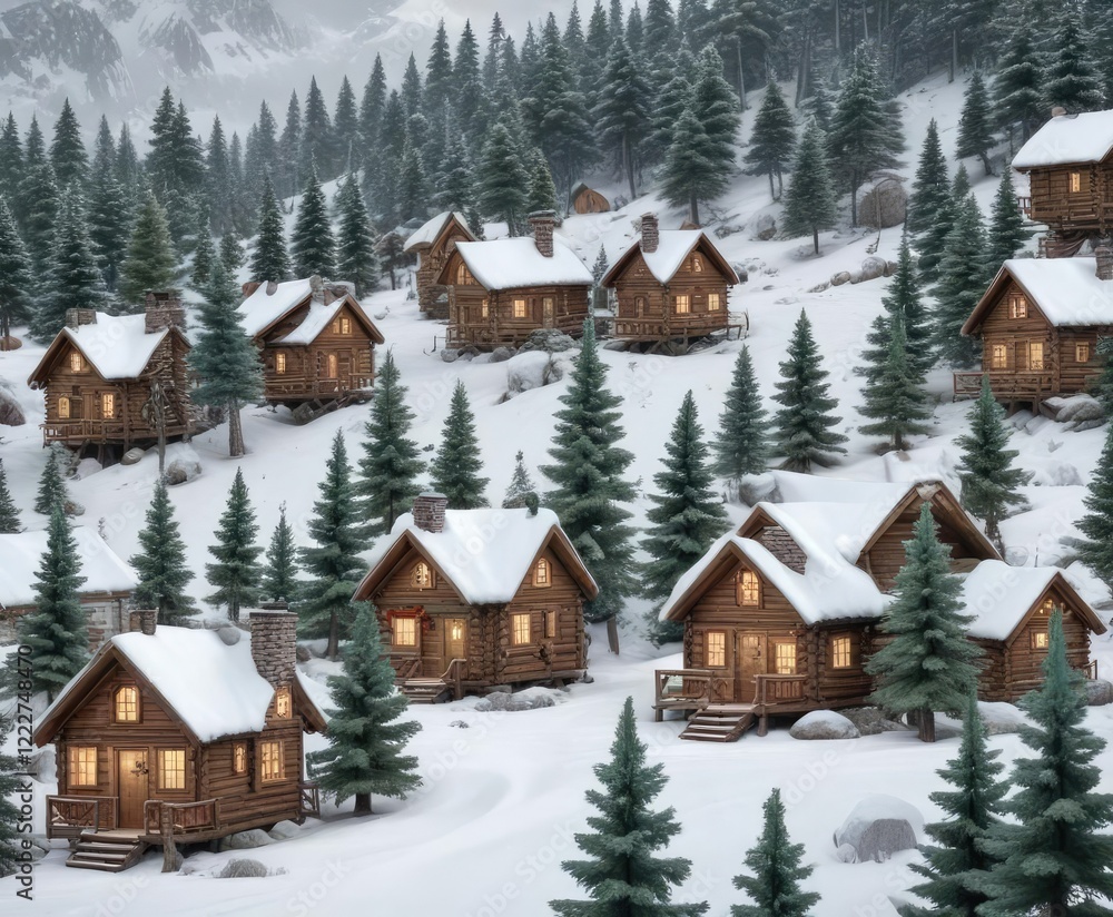 Fototapeta premium Hand-drawn Christmas forest pattern with cute cabins and snowy landscape, holiday, whimsical, winter wonderland, whimsical, design