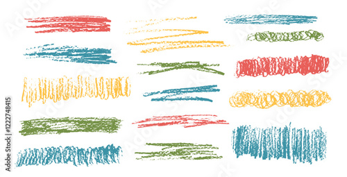 Crayon underline set. Pencil scribble lines pack. Vector hand drawn brush stroke collection illustration isolated on white background. Kids highlights handwritten shape elements. Chalk emphasis figure