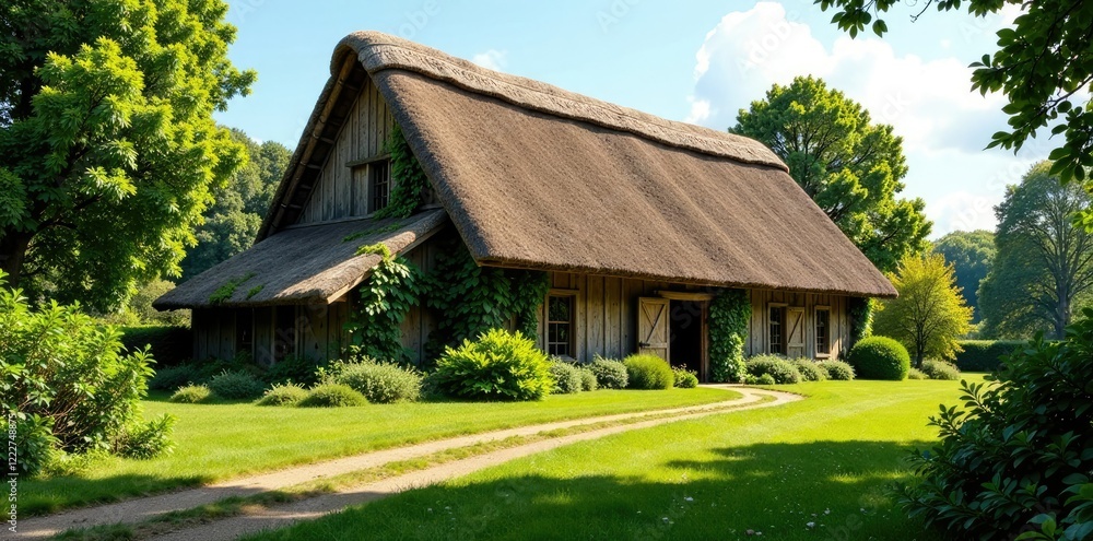 A large plantation barn with a thatched roof and overgrown surroundings, roof, farm A large plantation barn with a thatched roof and overgrown surroundings, roof, farm