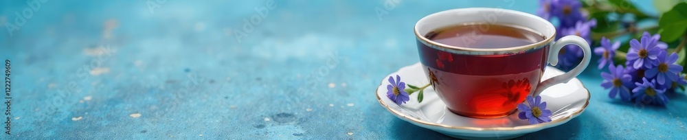 Black tea with borage flowers in a delicate cup on a blue surface, calming, mug, flowers Black tea with borage flowers in a delicate cup on a blue surface, calming, mug, flowers