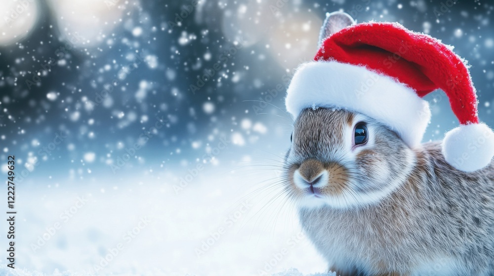 Santa hat on a rabbit. Playful and festive scene. Emphasizing holiday joy and adorableness. Perfect for children's holiday books. Santa hat on a rabbit. Playful and festive scene. Emphasizing holiday joy and adorableness. Perfect for children's holiday books.