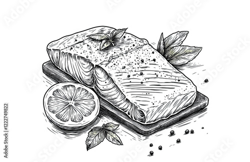 Seafood, salmon steak. Vintage retro print, seafood cuisine, grilled salmon steak, sketch ink pencil style drawing, linear, engrave old school. Sketch artwork silhouette salmon steak. Illustration