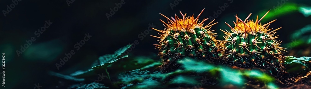 Obraz premium Two cacti in dark foliage, nature background. Website banner
