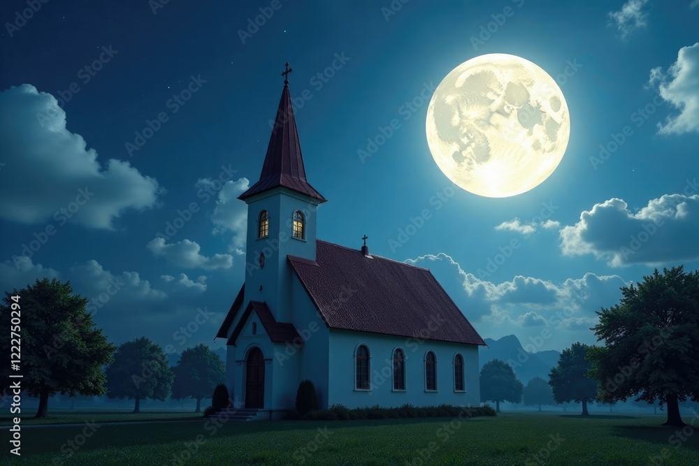 Church roof shines like silver in moon's pale light, peaceful, reflective Church roof shines like silver in moon's pale light, peaceful, reflective