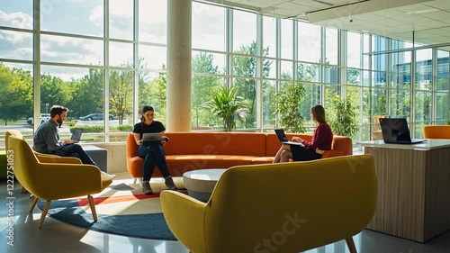 Modern office space with three people engaged in work, surrounded by greenery and natural light