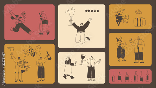 Wine drink people on bento grid box background. Tasting event on modular mosaic grid. Party with alcohol drinks. Women and men with wineglasses visit a vineyard. Geometric vector doodle illustration.