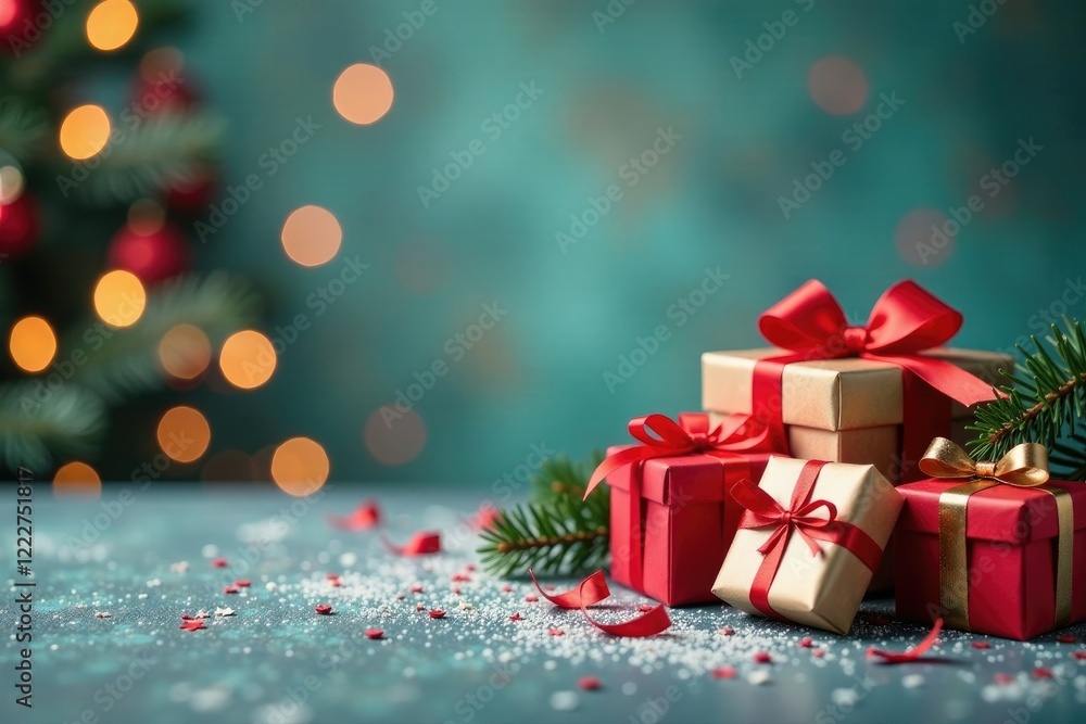 Festive holiday background with a row of gift boxes, confetti and bokeh, Christmas, colors, confetti Festive holiday background with a row of gift boxes, confetti and bokeh, Christmas, colors, confetti