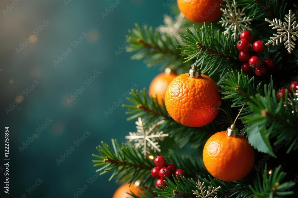 Fir tree decorated with tangerines, red berries, and sparkling snowflakes, holiday decor, christmas decorations Fir tree decorated with tangerines, red berries, and sparkling snowflakes, holiday decor, christmas decorations