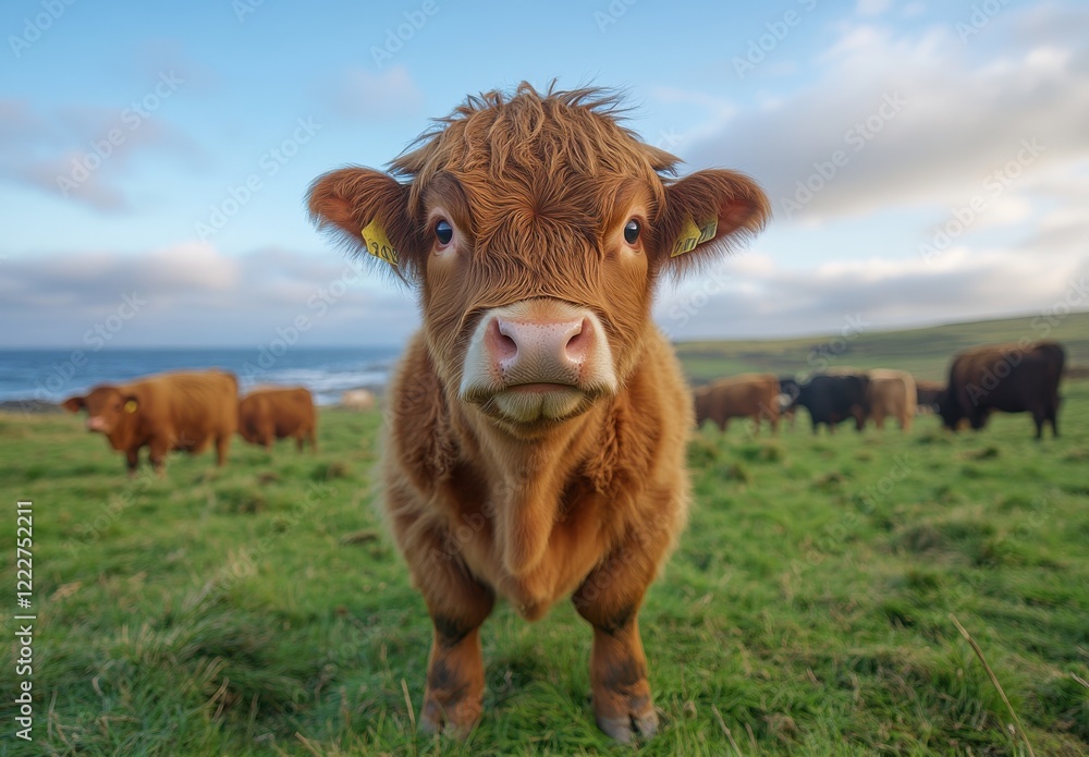 Close-Up of a Curious Highland Calf in a Lush Green Pasture Near the Sea, with Other Cows Grazing in the Background Under a Bright Blue Sky Close-Up of a Curious Highland Calf in a Lush Green Pasture Near the Sea, with Other Cows Grazing in the Background Under a Bright Blue Sky