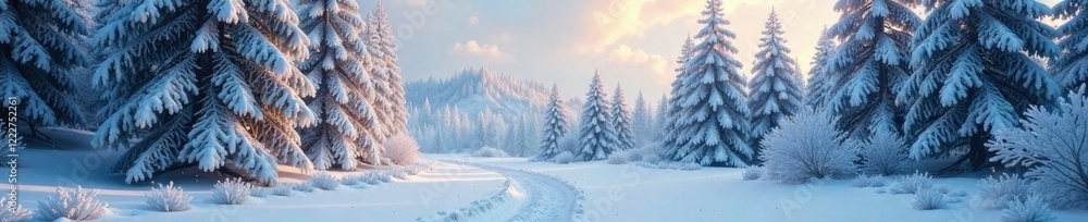 Frosty forest landscape with snow-covered trees, frost, serene Frosty forest landscape with snow-covered trees, frost, serene