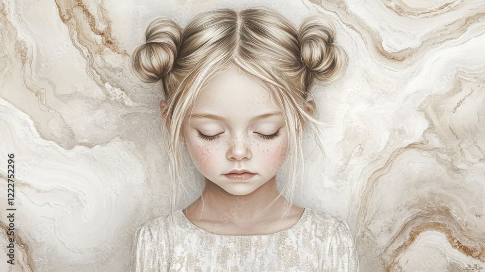 artistic illustration of a young girl with twin buns, dreamy and thoughtful expression artistic illustration of a young girl with twin buns, dreamy and thoughtful expression
