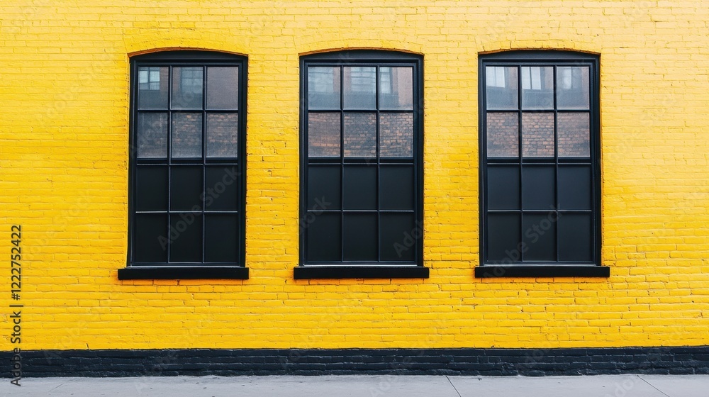 Bright Yellow Wall with Three Black Framed Windows in Urban Setting Bright Yellow Wall with Three Black Framed Windows in Urban Setting
