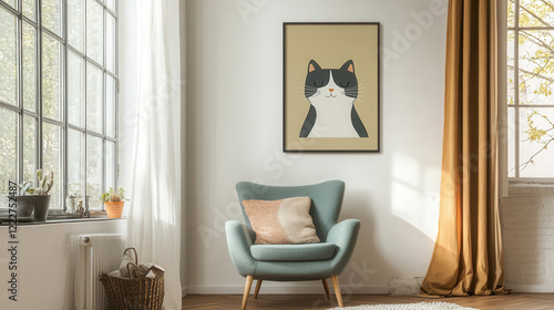 Cozy Cat Print: A charming cat poster hangs on the wall above a plush teal armchair, adding a touch of whimsical whimsy to a contemporary living room.  