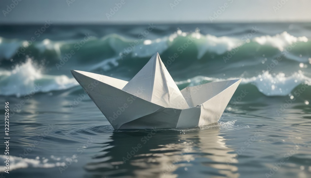 Obraz premium Gentle ocean waves softly caress a delicate paper boat, gentle ripples, soft focus