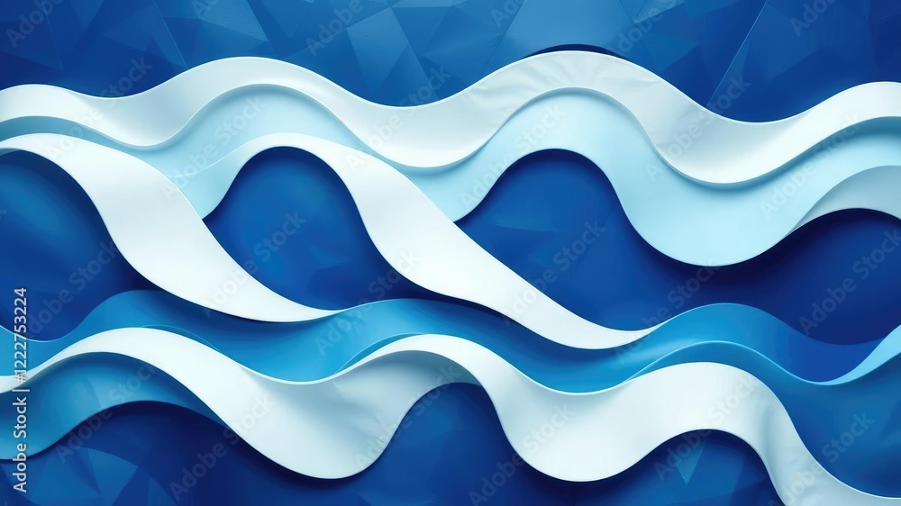 Fototapeta premium Geometric blue and white waves in a unique quilted design, layered colors, woven wall hanging