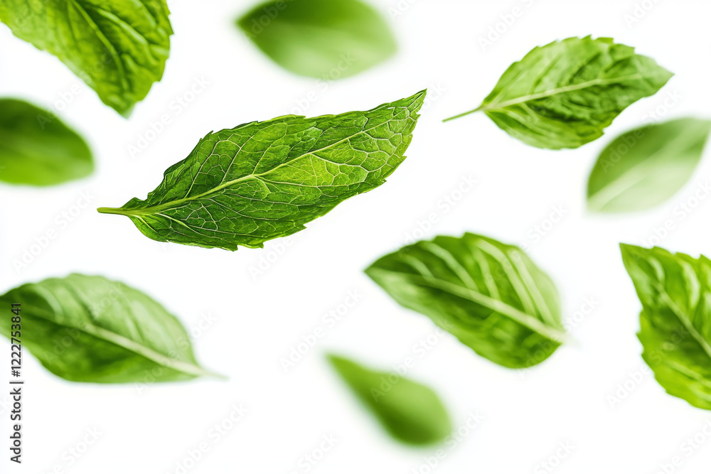 Fototapeta premium Fresh green leaves falling on white background.