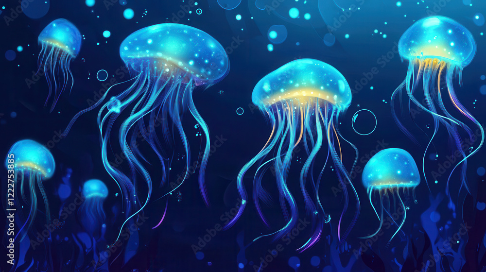 Bioluminescent Jellyfish Dance: A mesmerizing underwater scene showcasing a group of bioluminescent jellyfish gracefully floating in a dark blue ocean. Their ethereal glow illuminates the deep sea. Bioluminescent Jellyfish Dance: A mesmerizing underwater scene showcasing a group of bioluminescent jellyfish gracefully floating in a dark blue ocean. Their ethereal glow illuminates the deep sea.