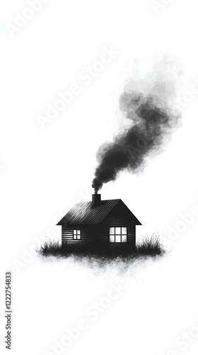 grayscale drawing depicts a small house emitting thick black smoke from its chimney The house sits on a small patch of grass isolated against a white background