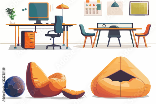 Open-concept modern office space with sleek ergonomic desks, collaborative workstations, and natural light streaming through floor-to-ceiling windows