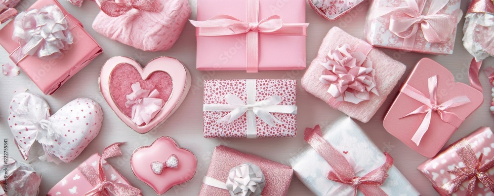 Collection of pink gift boxes with various shapes and decorative ribbons Collection of pink gift boxes with various shapes and decorative ribbons