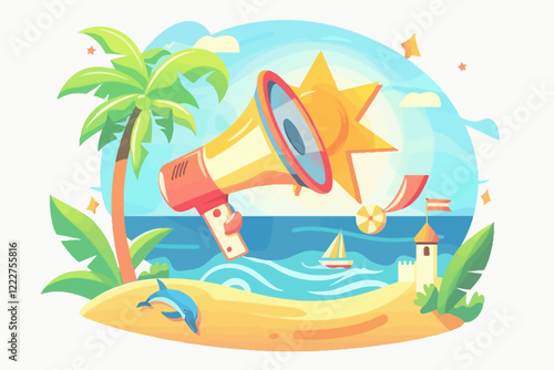 Golden star-shaped speaker emitting sound waves, surrounded by palm leaves and vibrant tropical colors, dynamic promotional concept