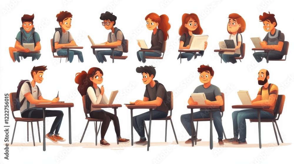 Classes in a college isolated cartoon vector illustrations set. College seminar, writing notes in a classroom, asking a question, student lifestyle and educational process vector cartoon. Classes in a college isolated cartoon vector illustrations set. College seminar, writing notes in a classroom, asking a question, student lifestyle and educational process vector cartoon.
