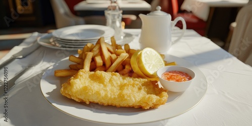 Restaurant fish and chips lunch