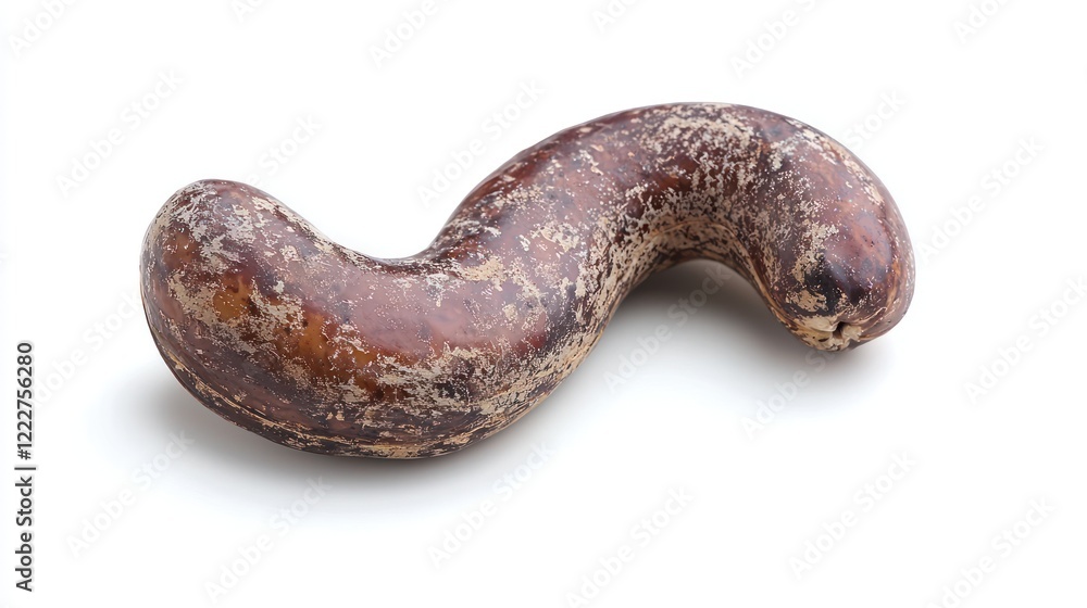 A curved, brown object resembling a gourd or seed pod, placed on a white background. A curved, brown object resembling a gourd or seed pod, placed on a white background.