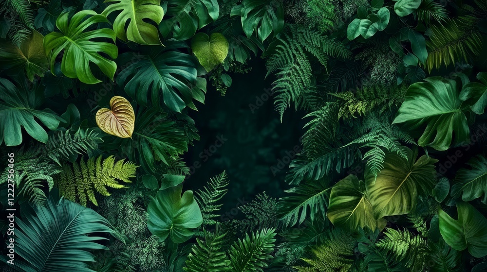 custom made wallpaper toronto digitalLush Green Tropical Jungle Foliage Backdrop With Exotic Plants, Ferns, And A Dark, Empty Center