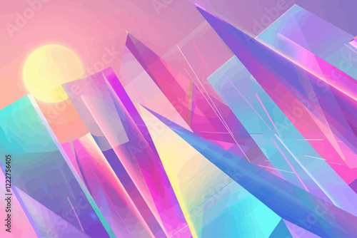 Abstract crystalline structures reflecting shades of purple, pink, and blue, glowing neon edges creating a futuristic atmosphere