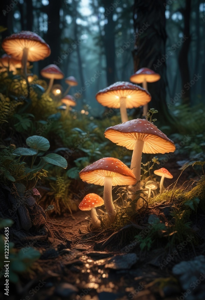Fototapeta premium Glowing mushrooms and vines adorn the forest floor, , ethereal environment
