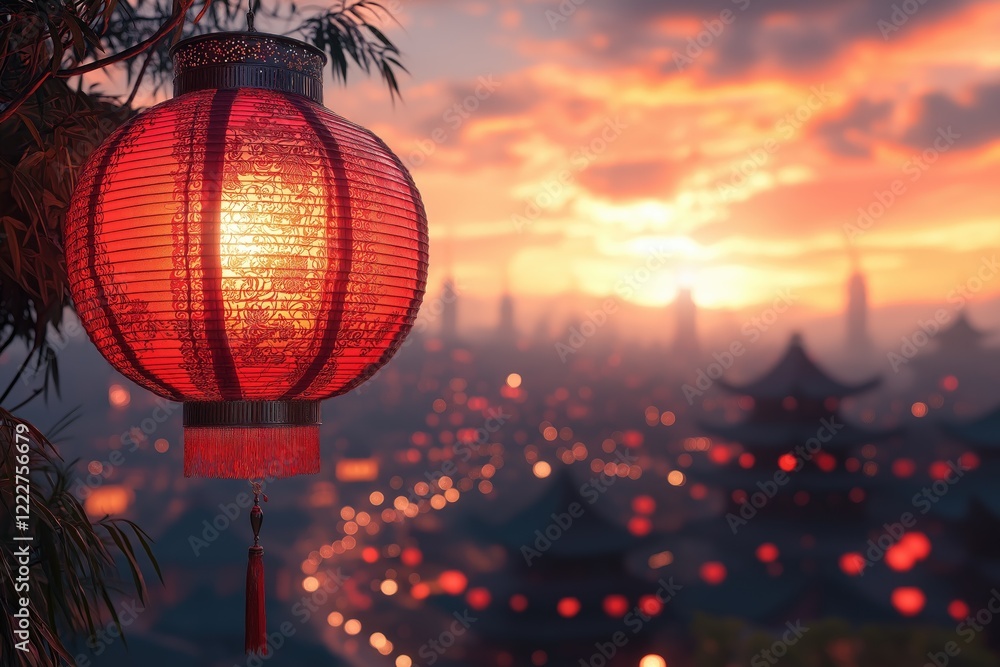 Obraz premium Lunar New Year Red Lanterns Illuminating City at Sunset