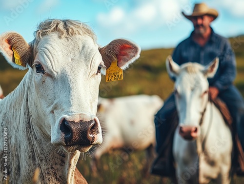 Wallpaper Mural Close-Up of a White Cow with a Farmer Riding in the Background on a Sunny Day in a Rolling Green Pasture, Capturing the Essence of Rural Livestock Farming Torontodigital.ca
