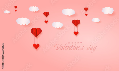 Happy valentines day red romantic card, 3d balloon, hearts flying, clouds, paper cut vector. 3d love concept wallpaper to use for valentines day, 14 february romantic project.