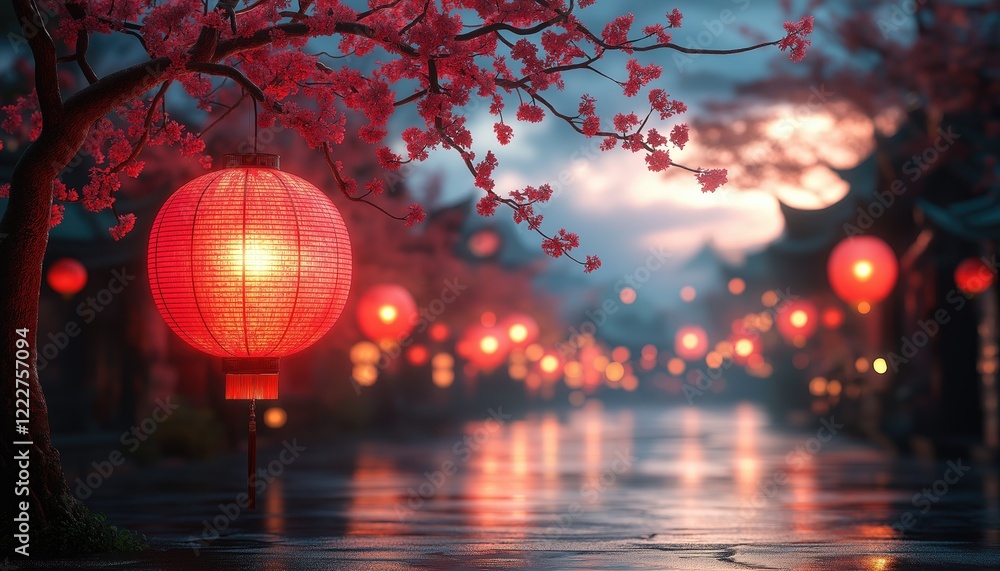 Fototapeta premium Lunar New Year Red Lanterns Lighting Wet Street at Dusk