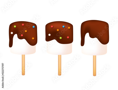 Marshmallow lollipops with chocolate and confetti arranged on wooden sticks. Yummy candy. Sweet tasty dessert, sugar food. Vector illustration isolated on white background