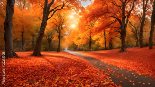 Scenic autumn road lined with vibrant orange and red trees, covered in fallen leaves.