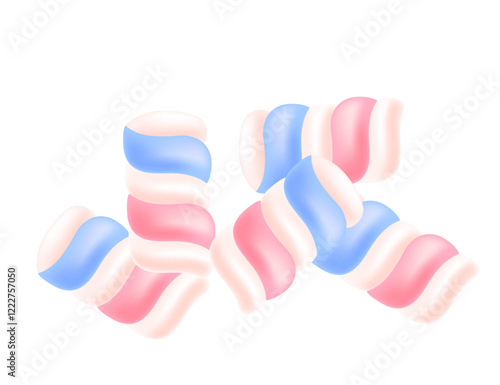 Twisted marshmallow sticks in pink and blue with a smooth, glossy texture. Sweet tasty dessert, sugar food. Vector illustration isolated on white background