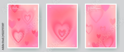 Set of blurred gradient hearts backgrounds, posters. Pink romantic banners for Valentine's Day designs, wedding, greeting cards. Aesthetic, modern templates for print, web use, social media posts.