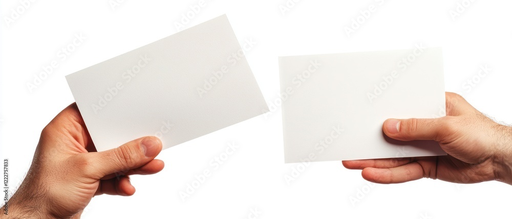 Obraz premium Two hands holding blank cards, suggesting communication or exchange.